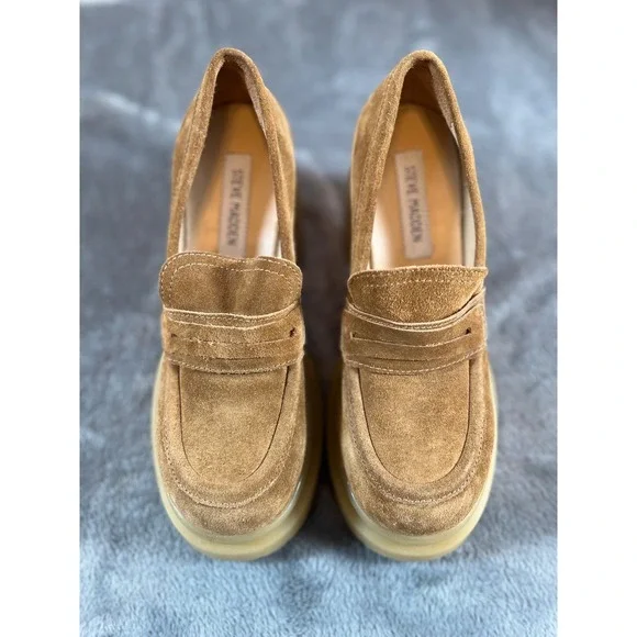 Steve Madden Louise Platform Loafers Shoes Womens 8 Beige Suede Chunky Heels - Picture 4 of 10